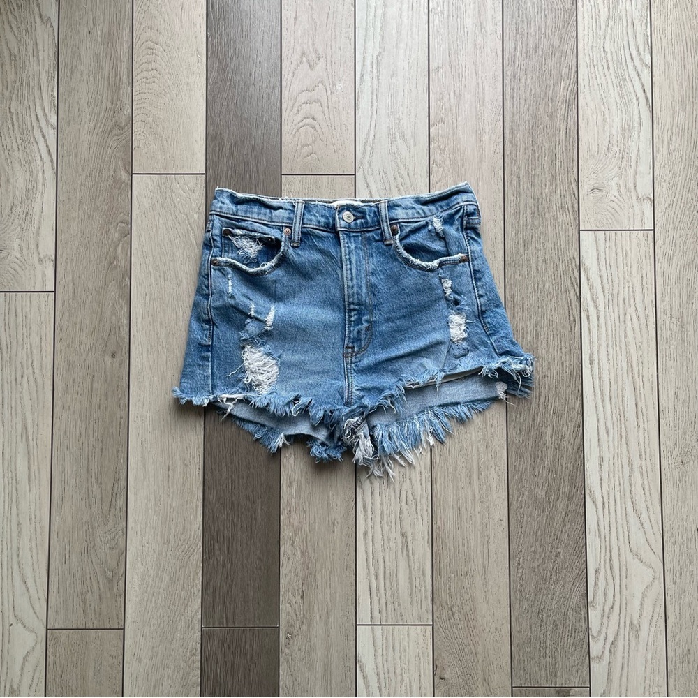 Abercrombie & Fitch the mom Blue Distressed Jean Shorts high rise